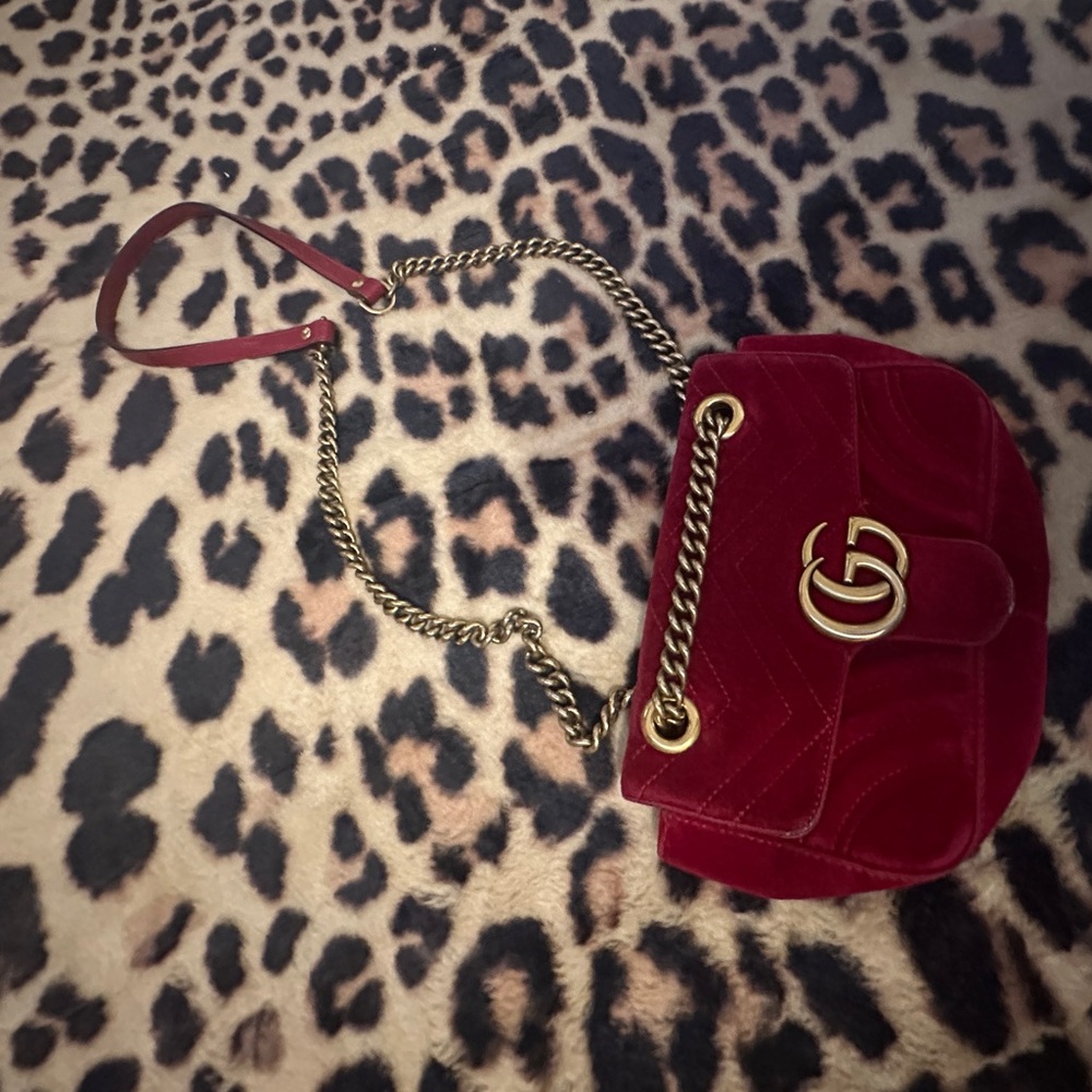 Gucci Red Velvet Shoulder Bag with Gold Double G